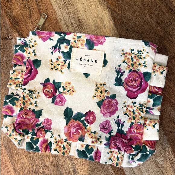 Sezane Handbags - Sézane | Ruffled Floral Rose Canvas Pouch Cosmetic Bag